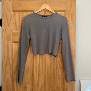 Zara Cropped Long Sleeve Grey Ribbed Cotton Top Medium